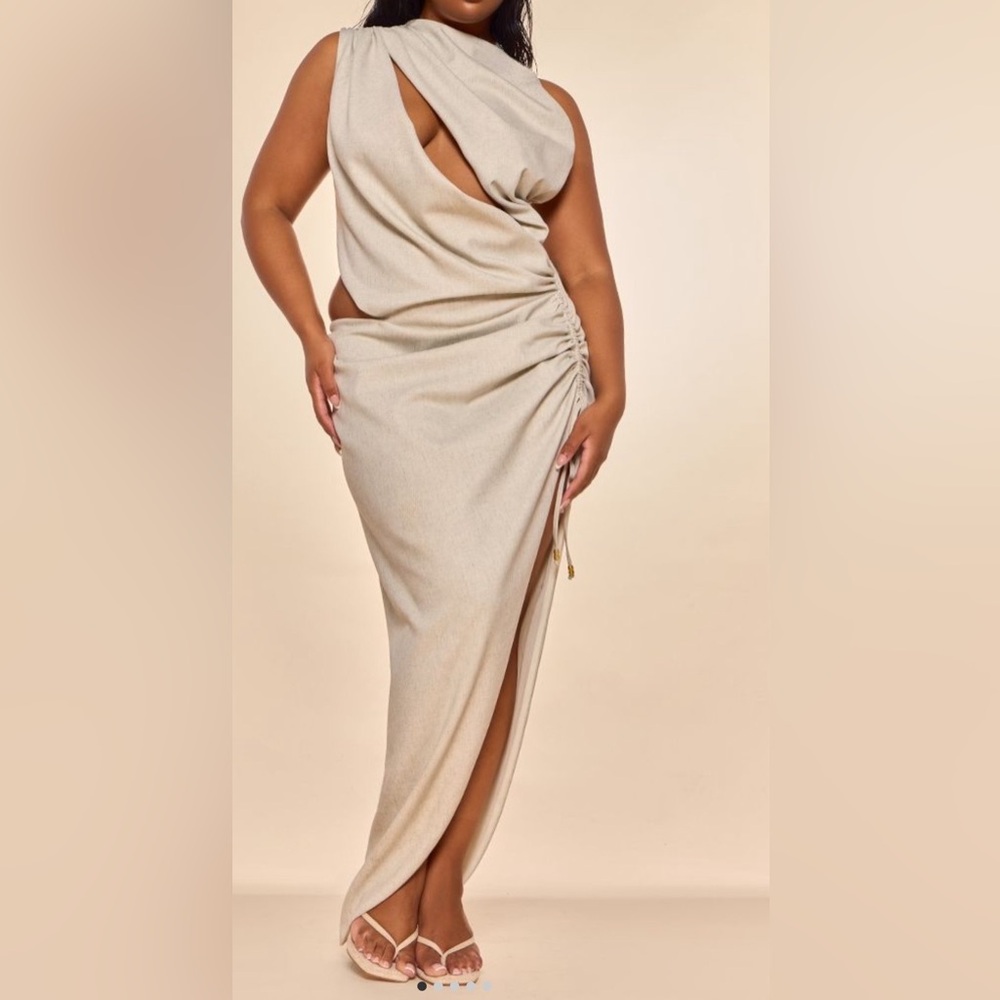 PLT Label Plus Off White Linen Look Draped Ruched Skirt Midaxi Dress